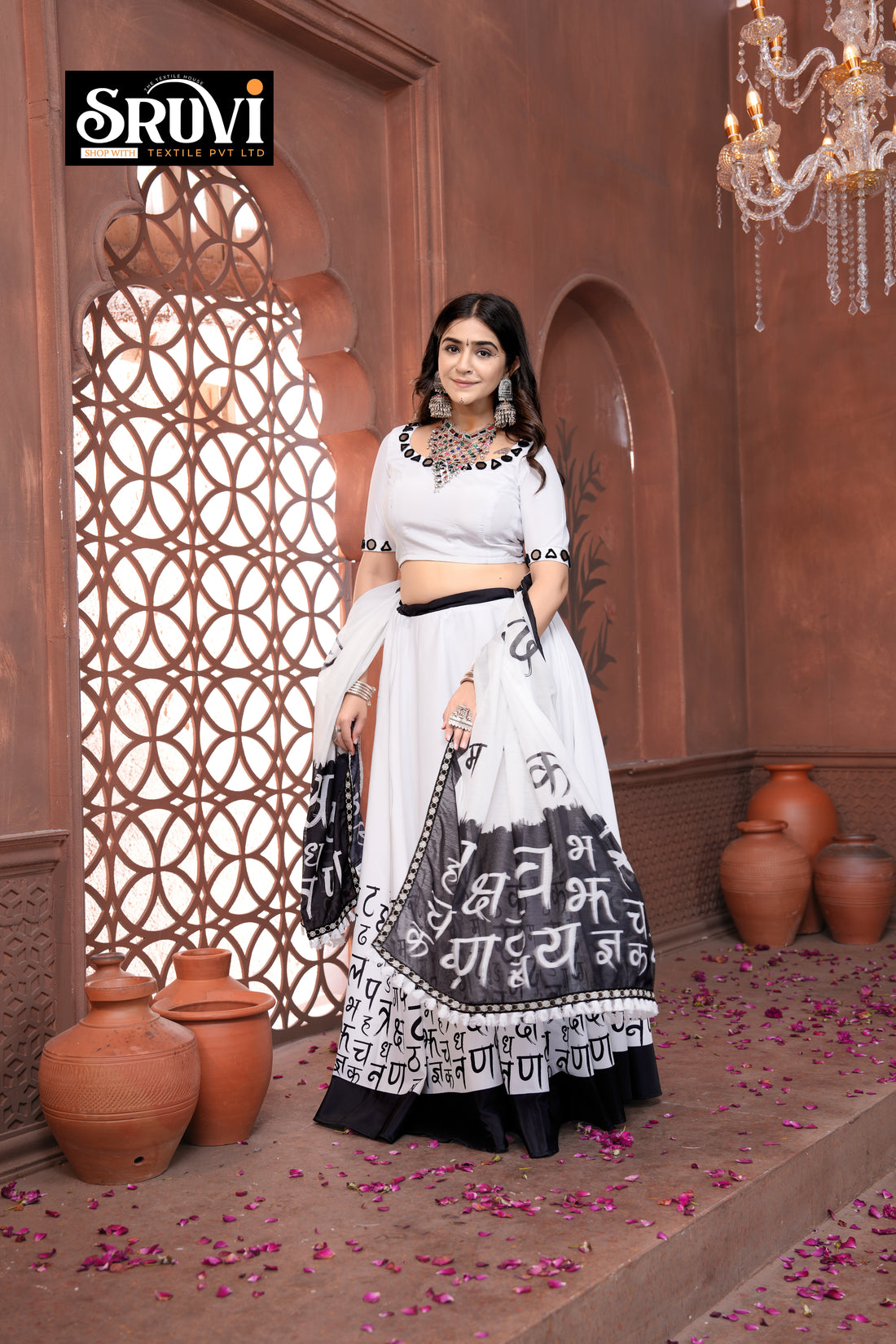 Black & White Hindi Typography Print Lehenga Choli Set for Women – Modern Ethnic Fusion