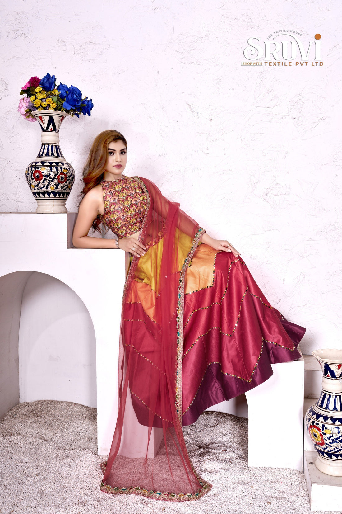 Multicolor  Lehenga Choli with Mirror Work | Halter Neck Blouse | Festive & Wedding Wear