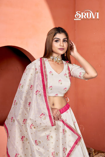 Elegant Lotus Print Lehenga Choli Set with Dupatta | Customizable Size