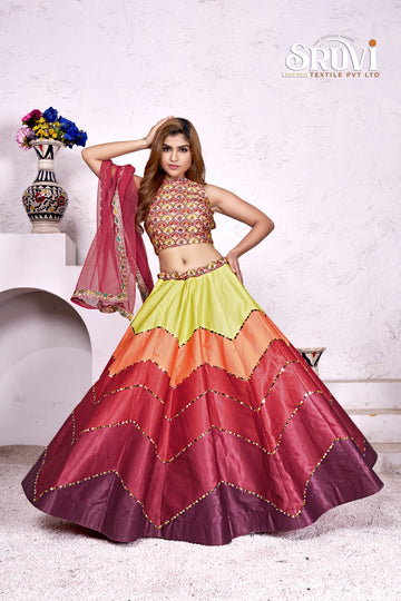 Multicolor Lehenga Choli with Mirror Work | Halter Neck Blouse | Festive & Wedding Wear