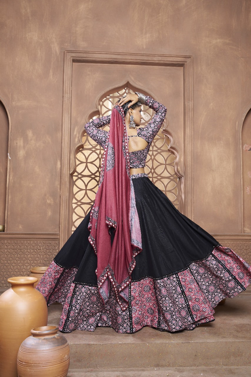 Ajrakh Print Black Maroon Lehenga Choli Set for Women – Elegant Ethnic Wear with Full Sleeve Blouse