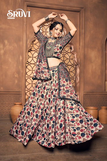Kalamkari Printed Lehenga Choli with Ajrakh Dupatta & Mirror Work