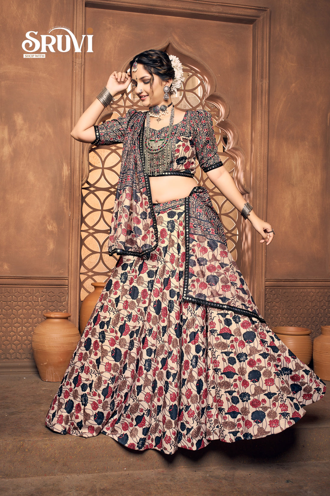 Kalamkari Printed Lehenga Choli with Ajrakh Dupatta & Mirror Work
