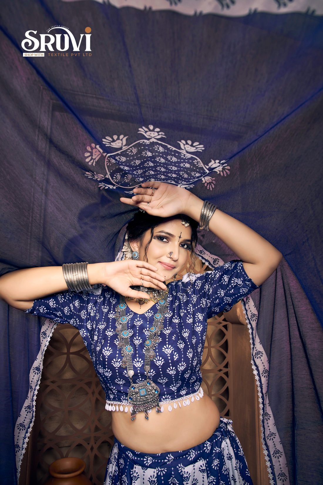 Royal Blue Bandhani Print Lehenga Choli with Gota Detailing