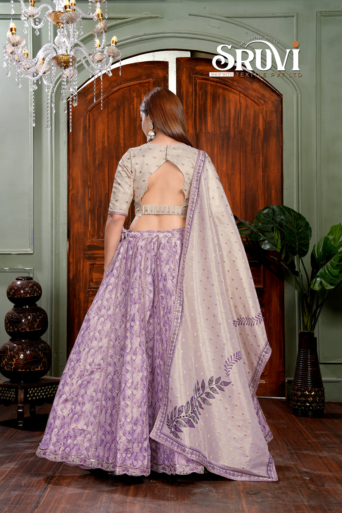 Lavender Muslin Shimmer Lehenga Choli Set with Dupatta – Elegant Princess Cut Blouse & Fancy Lace Work
