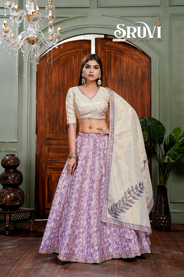 Lavender Muslin Shimmer Lehenga Choli Set with Dupatta β Elegant Princess Cut Blouse & Fancy Lace Work