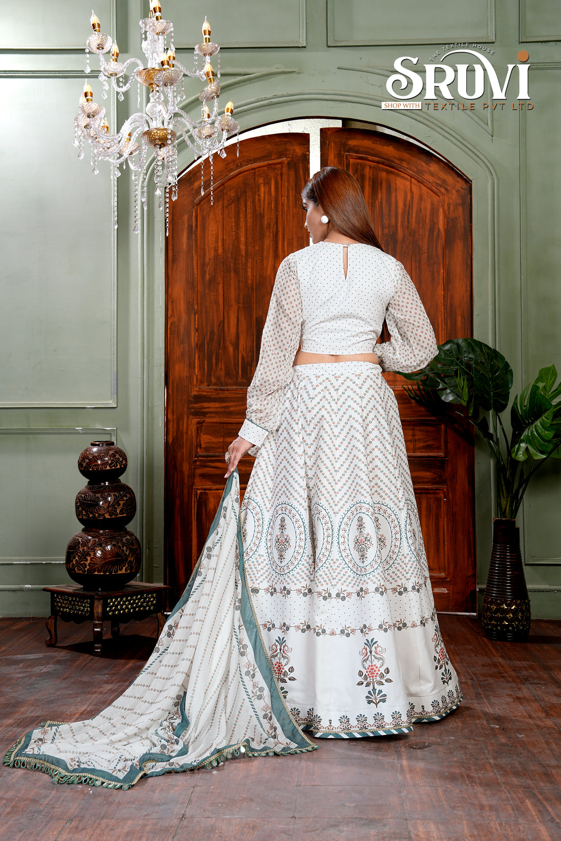 legant White Rayon Lehenga Choli Set for Women – Printed Dupatta with Full Sleeve Blouse