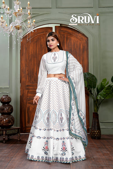 legant White Rayon Lehenga Choli Set for Women β Printed Dupatta with Full Sleeve Blouse