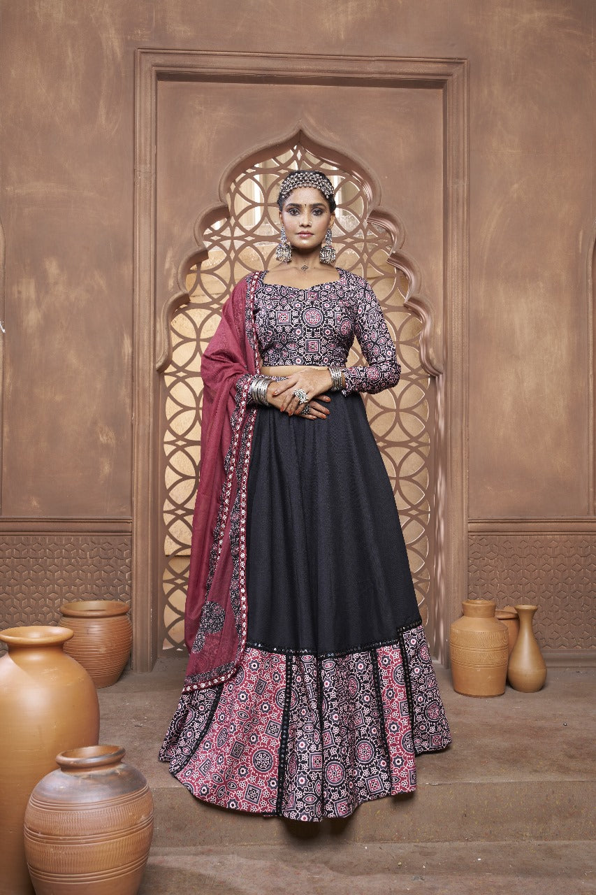 Ajrakh Print Black Maroon Lehenga Choli Set for Women – Elegant Ethnic Wear with Full Sleeve Blouse