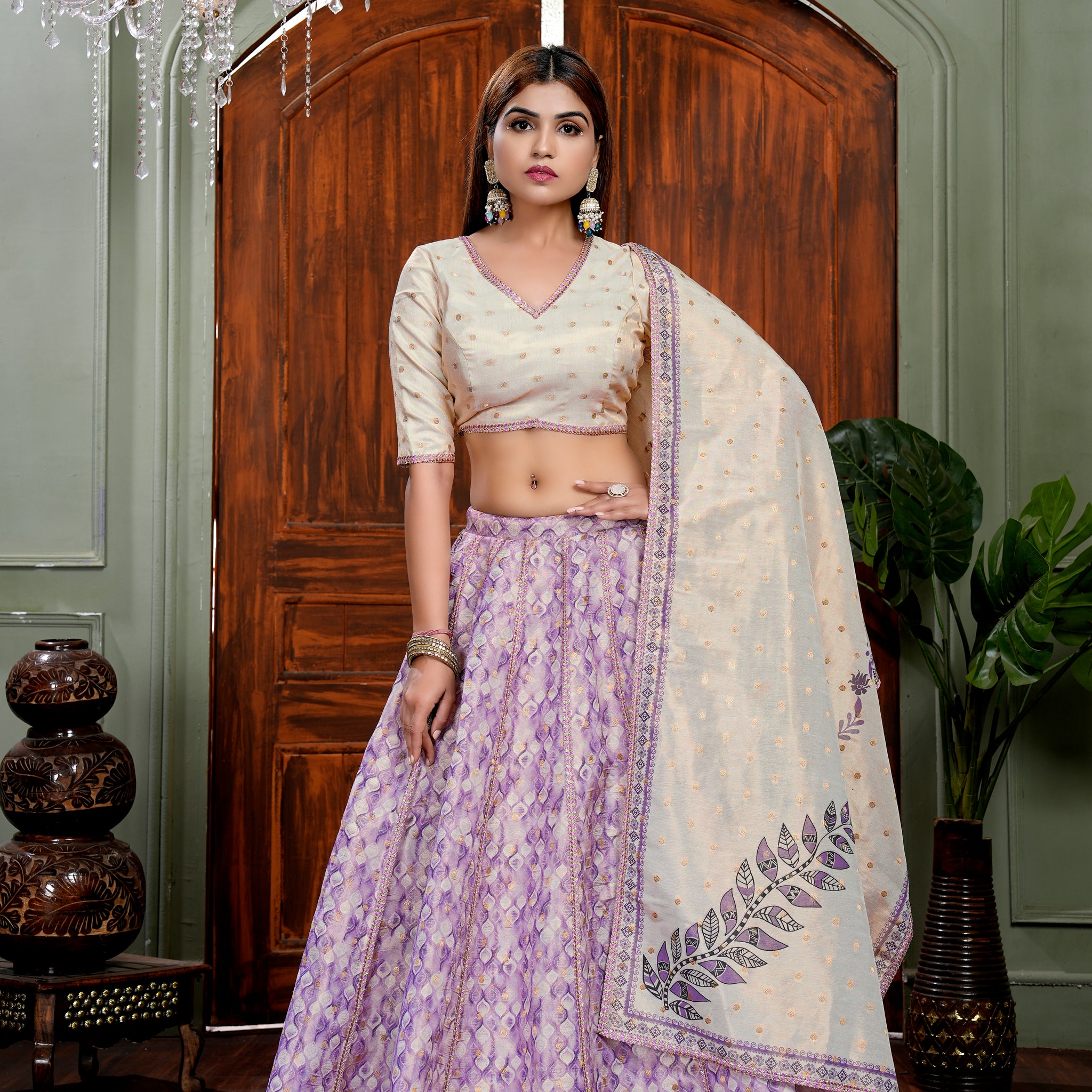 Lavender Muslin Shimmer Lehenga Choli Set with Dupatta – Elegant Princess Cut Blouse & Fancy Lace Work